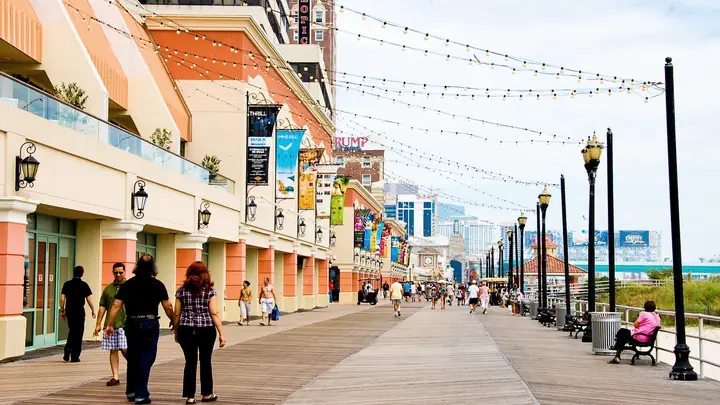 View north from Atlantic City Boardwalk near Tropicana Casino &amp; Resort in Atlantic City, NJ, US