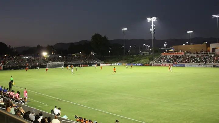 View of the Championship Soccer Stadium in Irvine, Calif. during the second half of an August 2024 soccer match from the