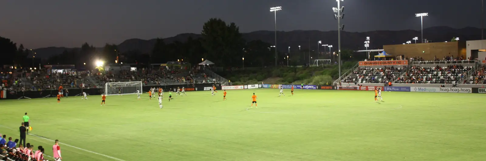 View of the Championship Soccer Stadium in Irvine, Calif. during the second half of an August 2024 soccer match from the